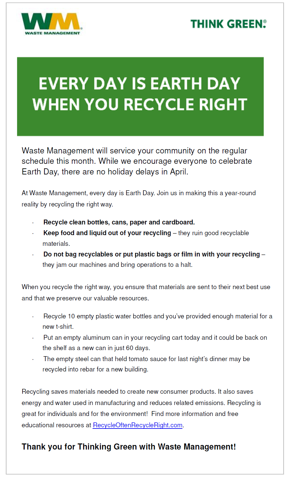 Recycle Reminders Sunrise Territory Estates Homeowners Association